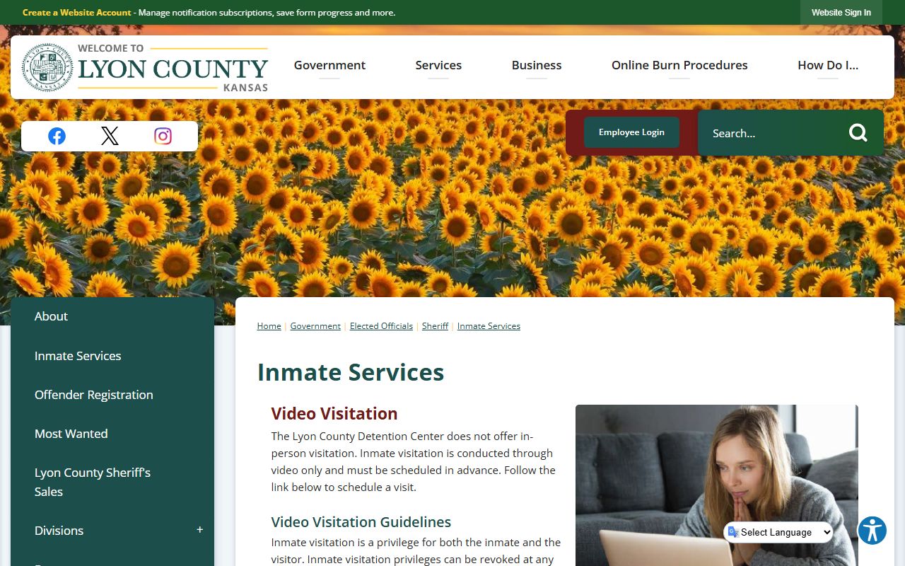 Lyon County inmate services page for visitation mail phone and commissary records